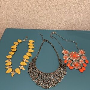 Set of 3 vintage necklaces, Orange, Yellow and Silver Tone Statement